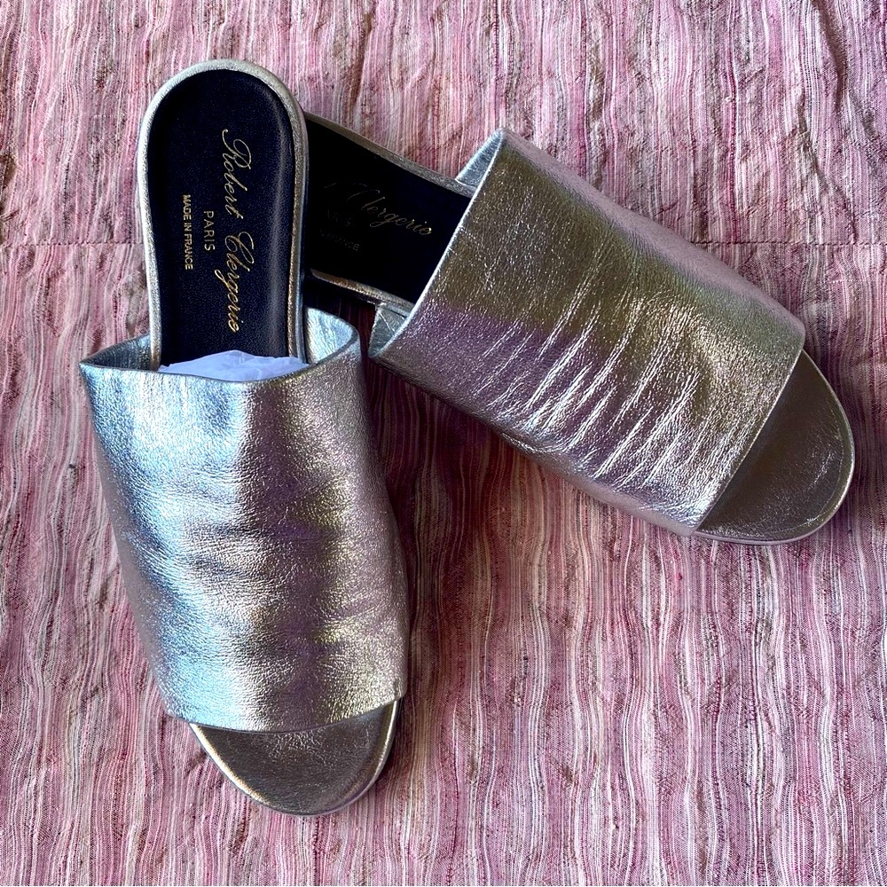 Robert Clergerie Napa Leather Slides Sandals Metallic Silver